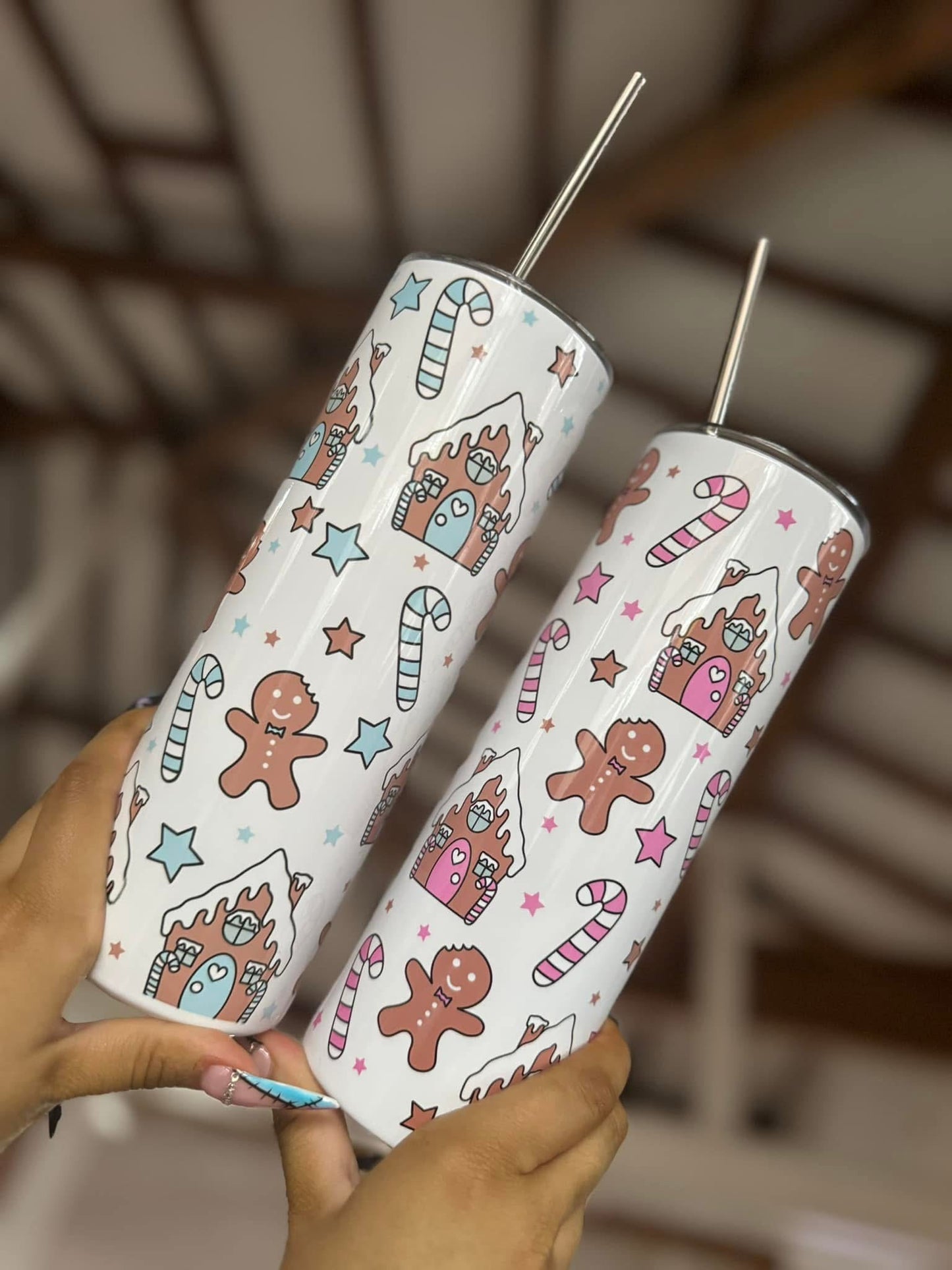 Blue / Pink Gingerbread House 20oz Tumbler Set
